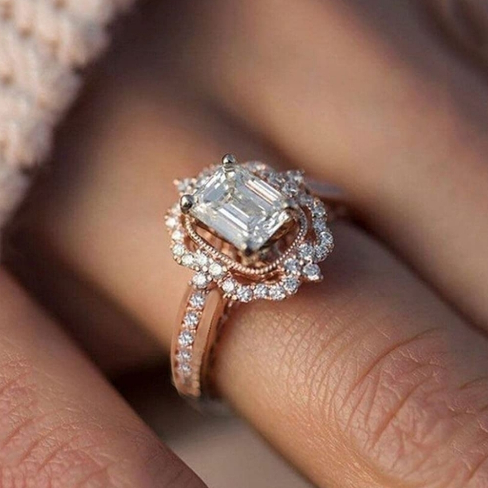 ROSE Gold CZ Stone Diamond Halo Square Ring Vintage
